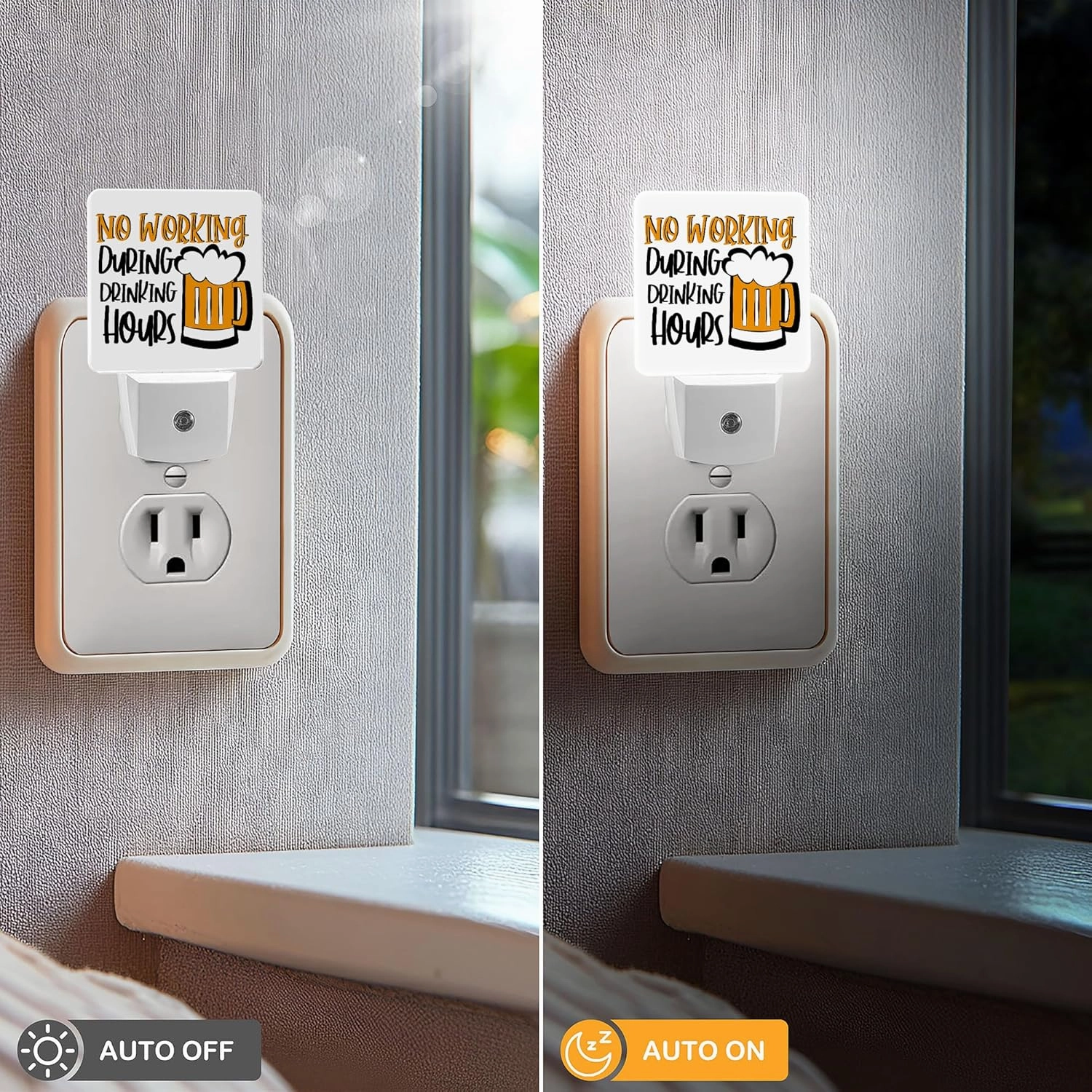 LED Night Light Lamp with Smart Sensor Dusk to Dawn Sensor,No Working During Drinking Hours Funny Saying With Beer Mug Night Light Daylight White,0.5W Plug-into Wall for Adults,Bedroom,Hallway