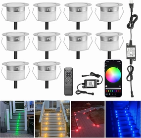 LED Recessed Deck Light Kits-10 Pack φ31mm WiFi Bluetooth Smart Control Low Voltage RGBW Deck Lights Outdoor IP67 Waterproof for Steps, Floors, Yard, Path Decor, Work with Alexa & Google Assistant