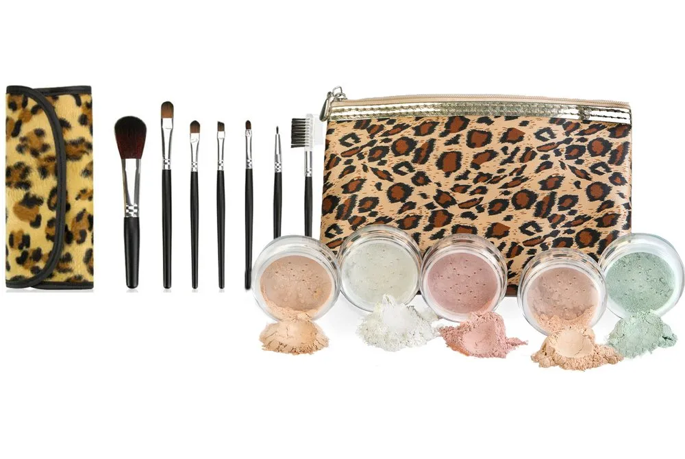Leopard KIT w/Brush & Bag (Warm Neutral Shade- Most Popular) Mineral Makeup Set Bare Face Sheer Powder Matte Foundation Cover