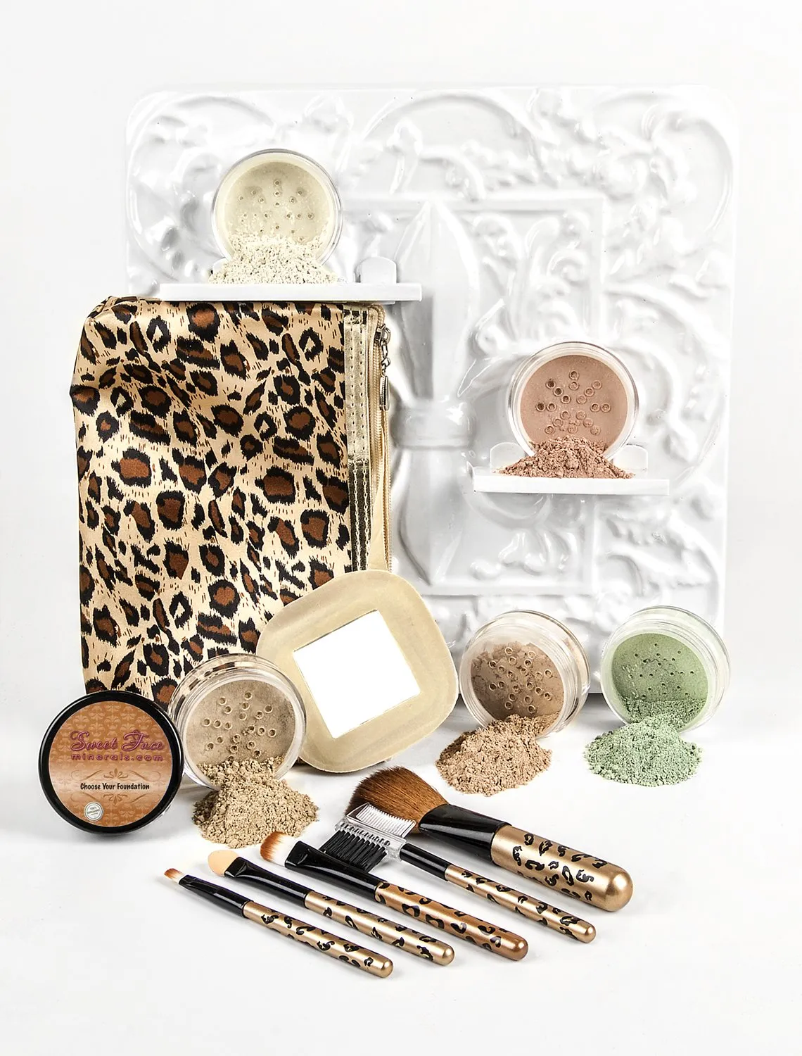 Leopard KIT w/Brush & Bag (Warm Neutral Shade- Most Popular) Mineral Makeup Set Bare Face Sheer Powder Matte Foundation Cover