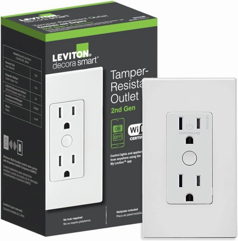 Leviton Decora Smart Outlet, Tamper-Resistant 15A, Wi-Fi 2nd Gen, Works with My Leviton, Alexa, Google Assistant, Apple Home/Siri & Wire-Free Companions for Switched Outlet, D215R-1RW, White