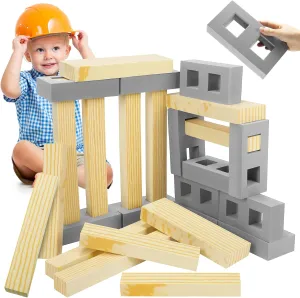 Leyndo 24 Pcs Foam Wooden Beam Soft Foam Brick Building Blocks Unit Fake Brick Building Blocks Giant Stacking Sets for Kids Toddler Construction(Assorted Sizes,Gray Color)
