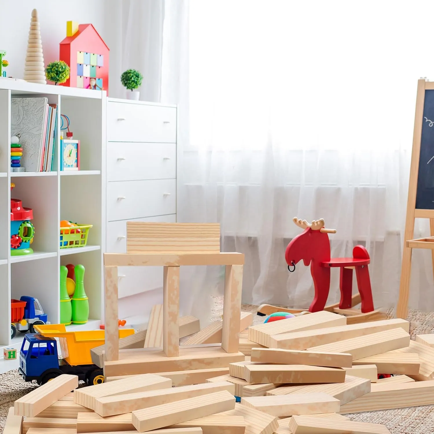 Leyndo 24 Pcs Foam Wooden Beam Soft Foam Brick Building Blocks Unit Fake Brick Building Blocks Giant Stacking Sets for Kids Toddler Construction(Multi Sizes,Wooden Color)