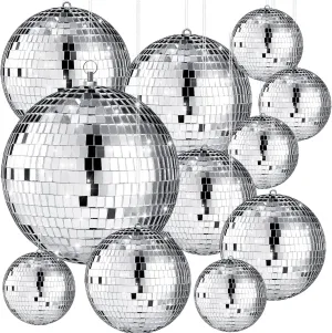 Libima 12 Pack Large Disco Ball Bulk Silver Hanging Mirror Ball Ornament Different Size for Stage Club Christmas Party Decoration(8'', 6'', 4'', 3'')