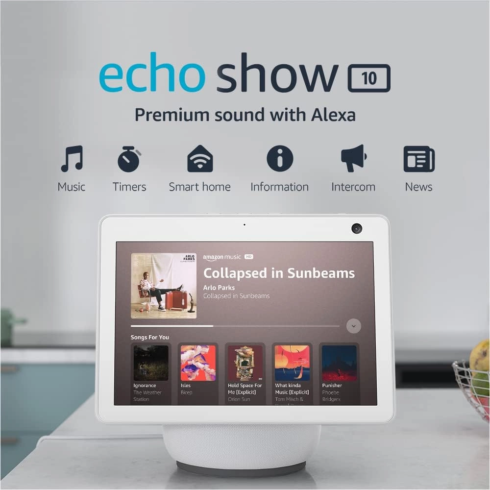 Like-New Amazon Echo Show 10 (newest model), HD smart display with premium sound, motion and Alexa, Glacier White