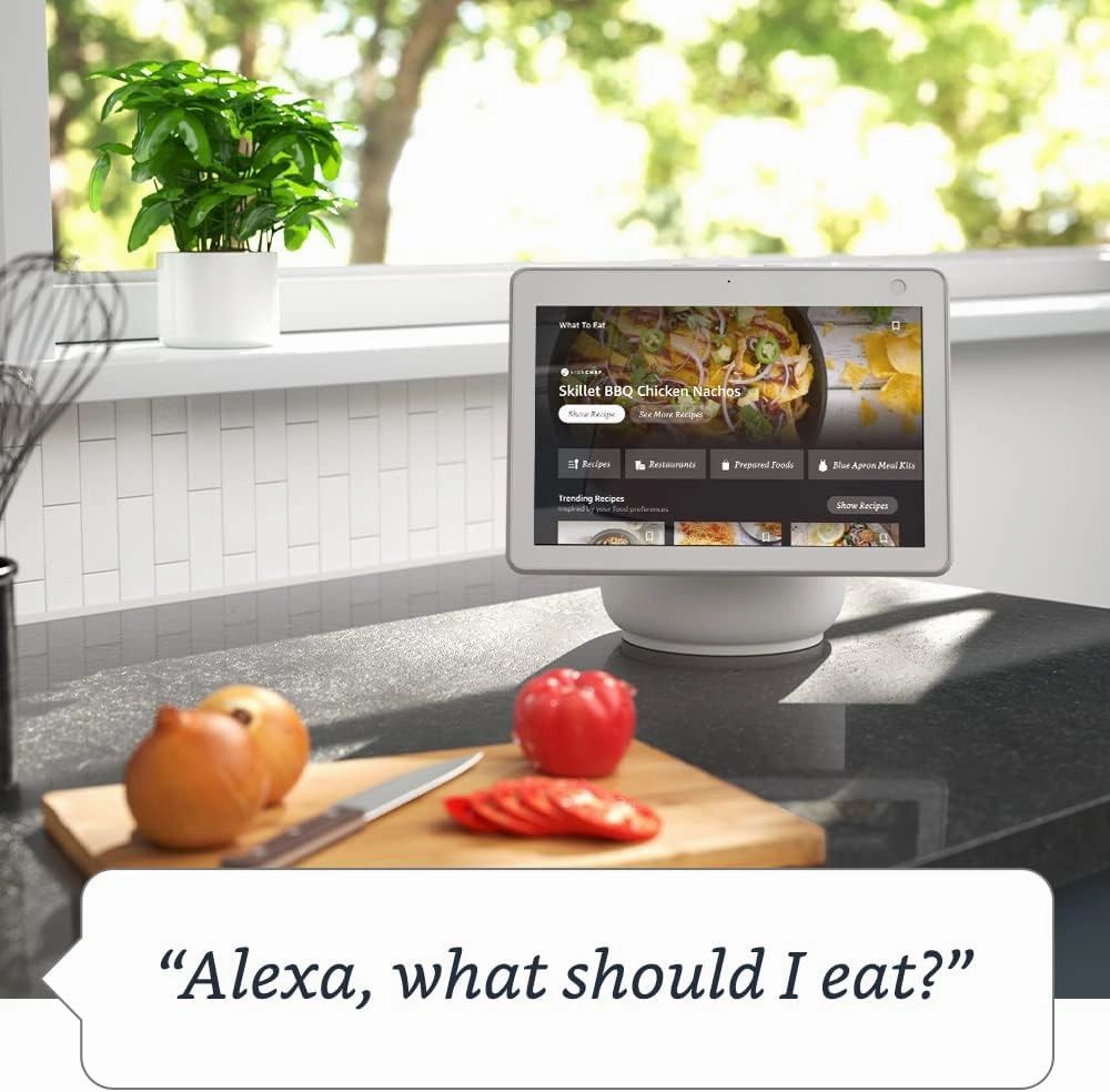 Like-New Amazon Echo Show 10 (newest model), HD smart display with premium sound, motion and Alexa, Glacier White