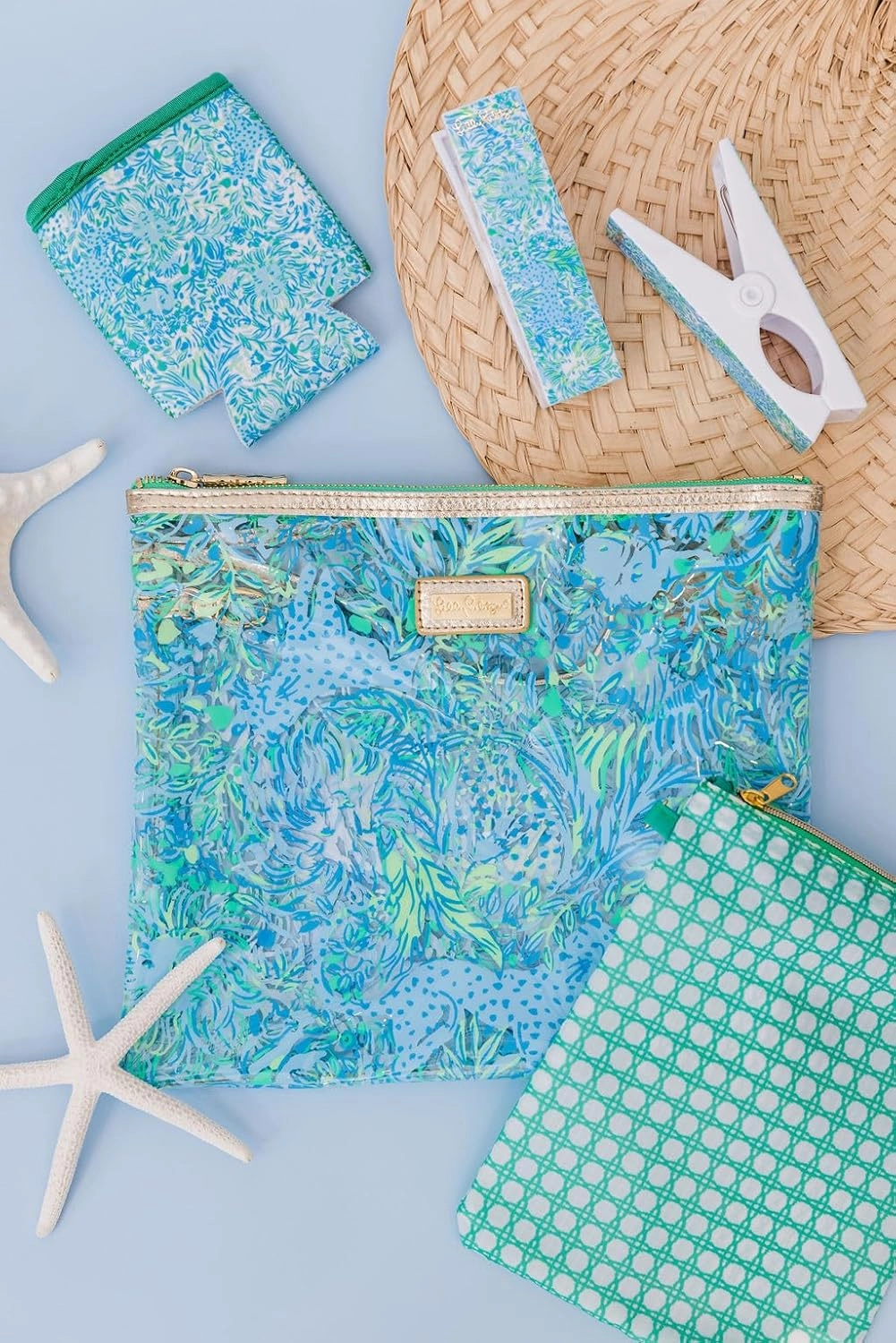 Lilly Pulitzer Water Resistant Vinyl Beach Day Pouch, Zipper Bag Includes Drink Hugger, Small Pouch, and Towel Clips