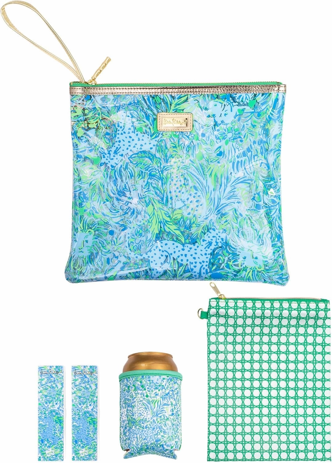 Lilly Pulitzer Water Resistant Vinyl Beach Day Pouch, Zipper Bag Includes Drink Hugger, Small Pouch, and Towel Clips