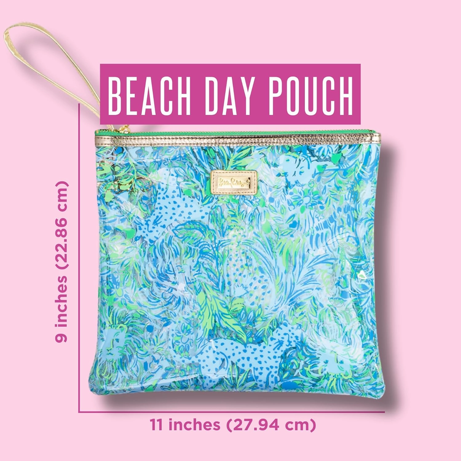 Lilly Pulitzer Water Resistant Vinyl Beach Day Pouch, Zipper Bag Includes Drink Hugger, Small Pouch, and Towel Clips