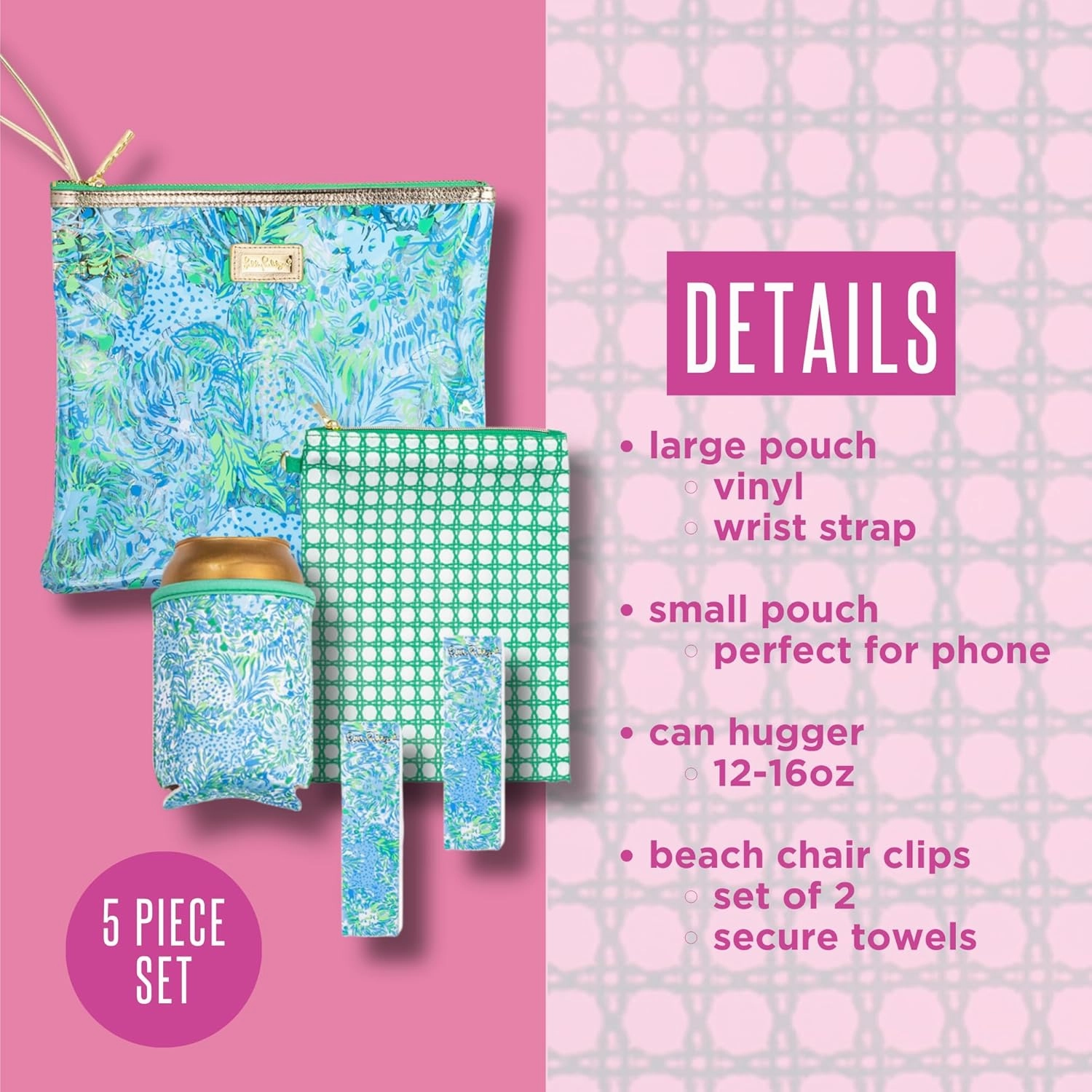 Lilly Pulitzer Water Resistant Vinyl Beach Day Pouch, Zipper Bag Includes Drink Hugger, Small Pouch, and Towel Clips