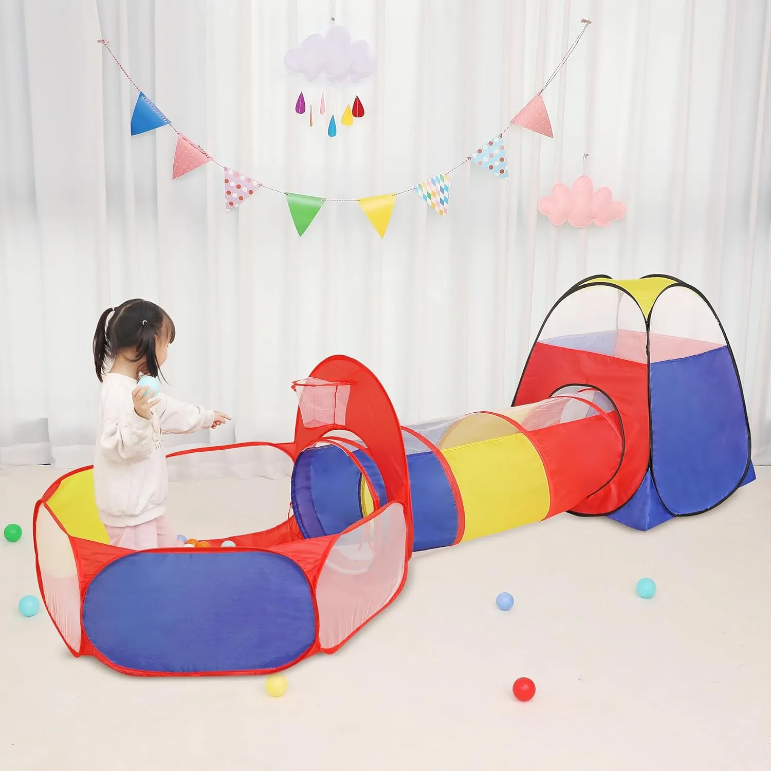 LimitlessFunN 3pc Pop Up Kids Play Tent, Crawl Tunnel, Ball Pit | Includes Carrying Case |, Children Indoor Playhouse for Baby, Toddlers, Boys & Girls, 47" D x 126" W x 34" H