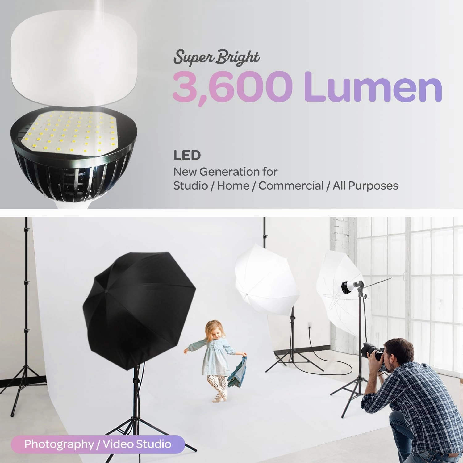 LimoStudio (LED Super Bright) 1200W Output Photo Studio Umbrella Continuous Lighting Kit, 6500K Neutral Day Light, 10800 Lumen, CRI>95, White Soft Umbrella Diffuser & Black, Silver Reflector, LMS103