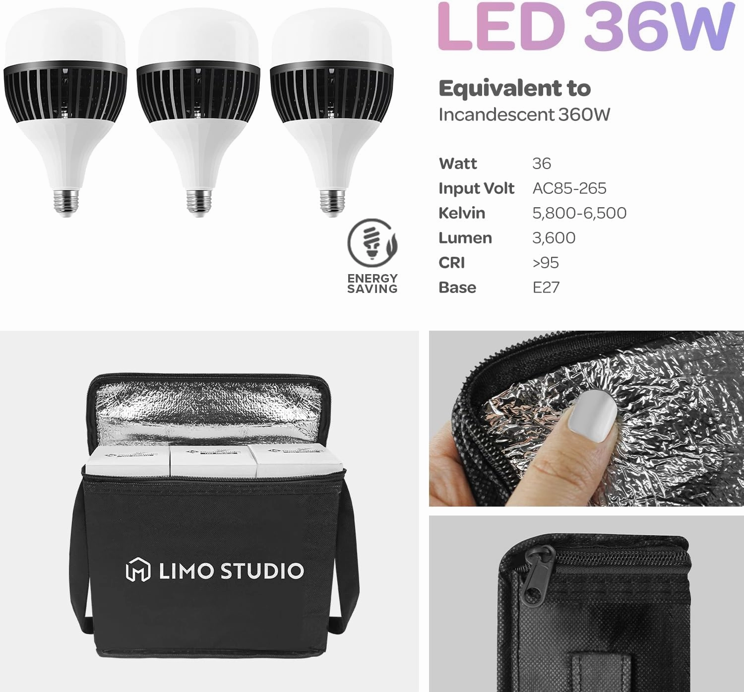 LimoStudio (LED Super Bright) 1200W Output Photo Studio Umbrella Continuous Lighting Kit, 6500K Neutral Day Light, 10800 Lumen, CRI>95, White Soft Umbrella Diffuser & Black, Silver Reflector, LMS103