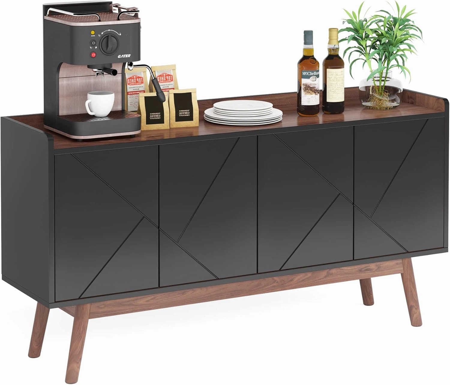 LITTLE TREE 55 Inch Kitchen Buffet Cabinet with Storage Shelf, Sideboard Coffee Bar with Doors, Buffets Accent Cabinet for Dining Room Living Room Entryway, Black Rustic Brown