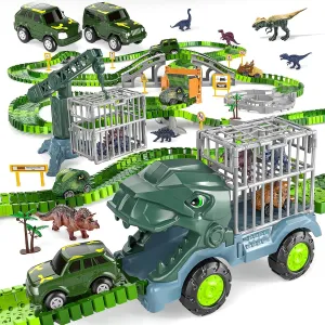 Locomoto 295 Pcs Dinosaur Toys Race Tracks, Create A Dinosaur World Road Race, Flexible Track Playset w/Dinosaur Truck, 2 Jeeps, 4 Dino Cars & 8 Dinos for 3 4 5 6 7 8 9  Year Old Boys Girls Kids Gift