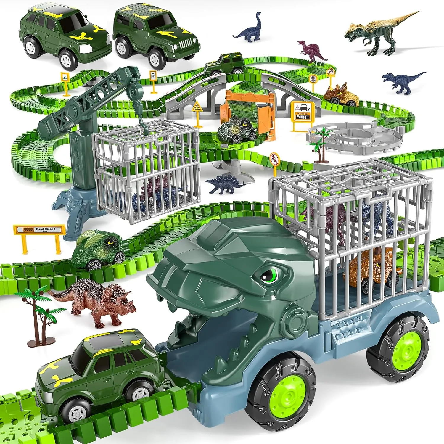Locomoto 295 Pcs Dinosaur Toys Race Tracks, Create A Dinosaur World Road Race, Flexible Track Playset w/Dinosaur Truck, 2 Jeeps, 4 Dino Cars & 8 Dinos for 3 4 5 6 7 8 9  Year Old Boys Girls Kids Gift