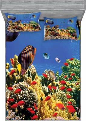 Lunarable Ocean Fitted Sheet & Pillow Sham Set, Submerged Colorful Coral Colony on Reef Exotic Fishes Tranquil Shallow Sea Picture, Decorative Printed 3 Piece Bedding Decor Set, Calking, Multicolor