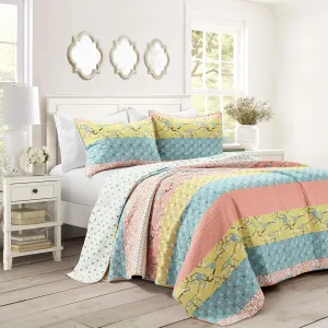 Lush Decor Royal Empire Reversible Cotton Quilt Set - 3 Piece Striped Bedding Set - Bold & Colorful Bohemian Patterns - Soft Cotton Feel - Full/ Queen, Blue and Coral