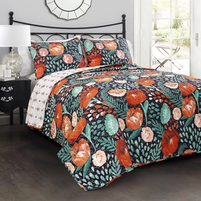 Lush Decor 3 Piece Poppy Garden Quilt Set, King, Navy