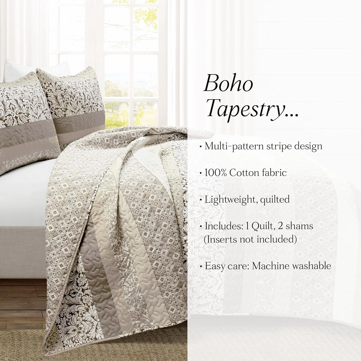 Lush Decor Boho Stripe Reversible Cotton Quilt 3-Piece Set, Full/ Queen, Neutral - Bold Colorful Bohemian Bedding Set