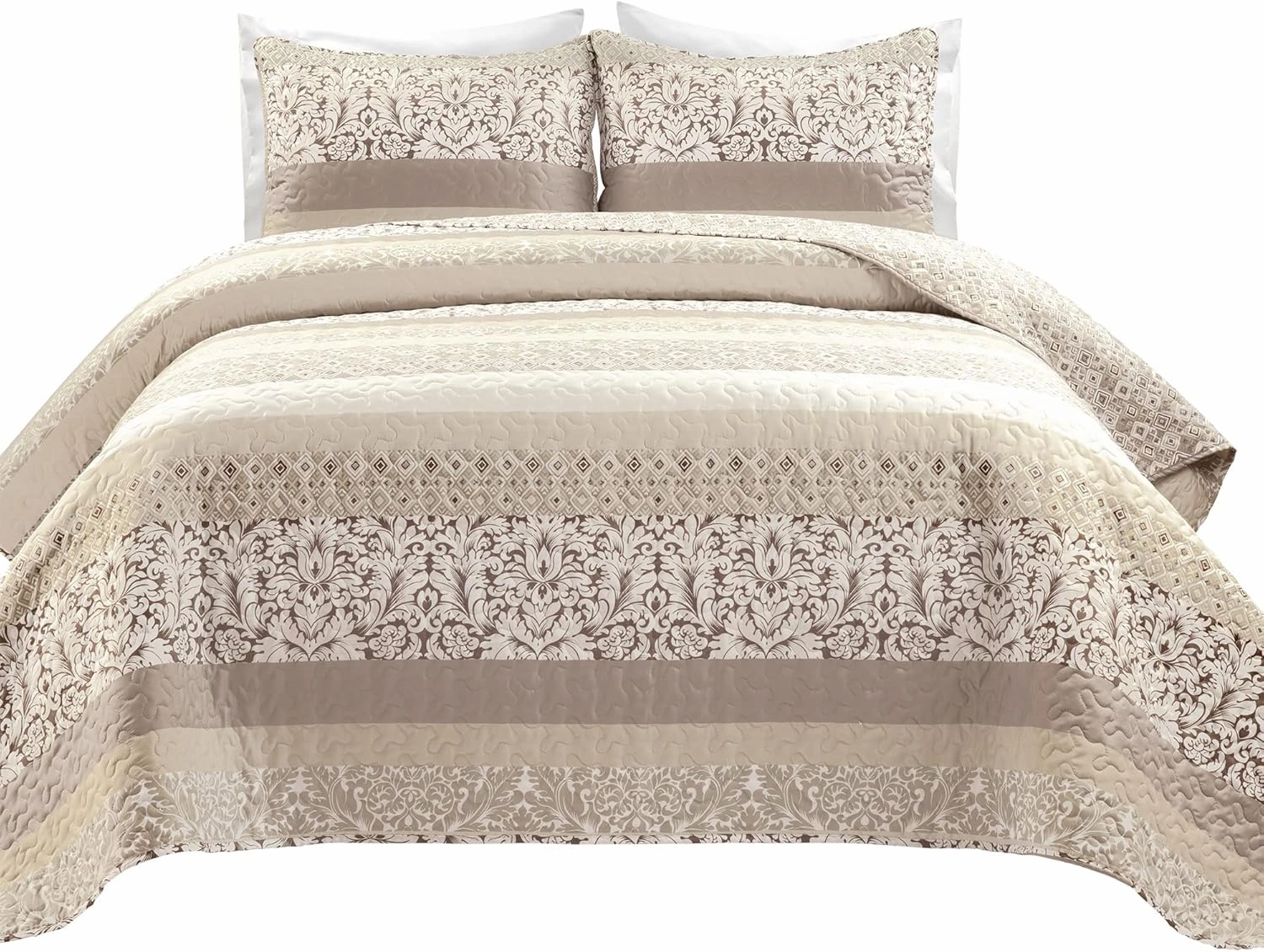 Lush Decor Boho Stripe Reversible Cotton Quilt 3-Piece Set, Full/ Queen, Neutral - Bold Colorful Bohemian Bedding Set