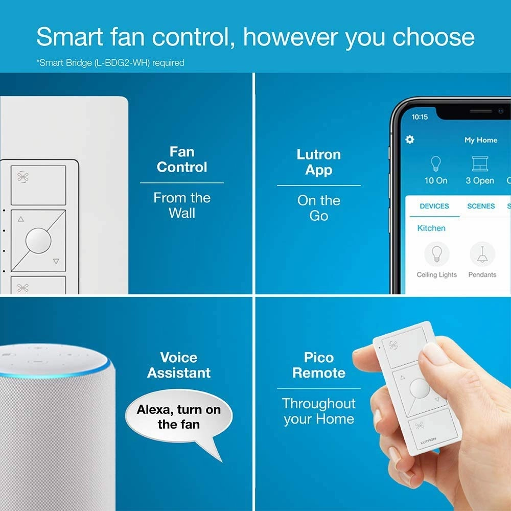 Lutron Caseta Smart Fan Speed Control Switch (Lutron Smart Hub Required), Single-Pole, PD-FSQN-IV, Ivory