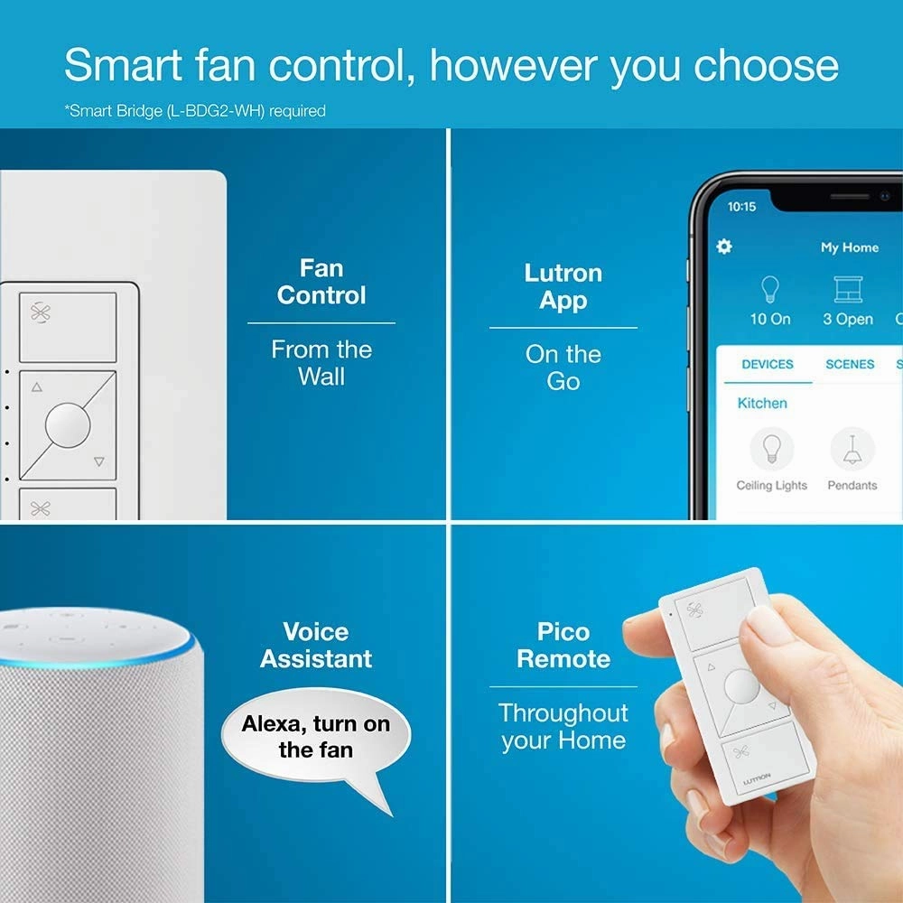 Lutron Caseta Smart Fan Speed Control Switch (Lutron Smart Hub Required), Single-Pole, PD-FSQN-LA, Light Almond