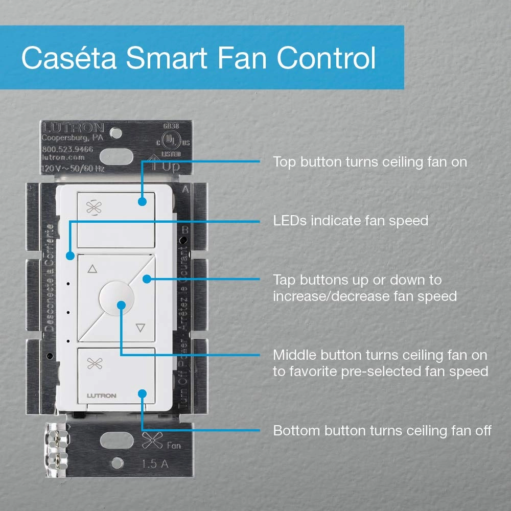 Lutron Caseta Smart Fan Speed Control Switch (Lutron Smart Hub Required), Single-Pole, PD-FSQN-LA, Light Almond