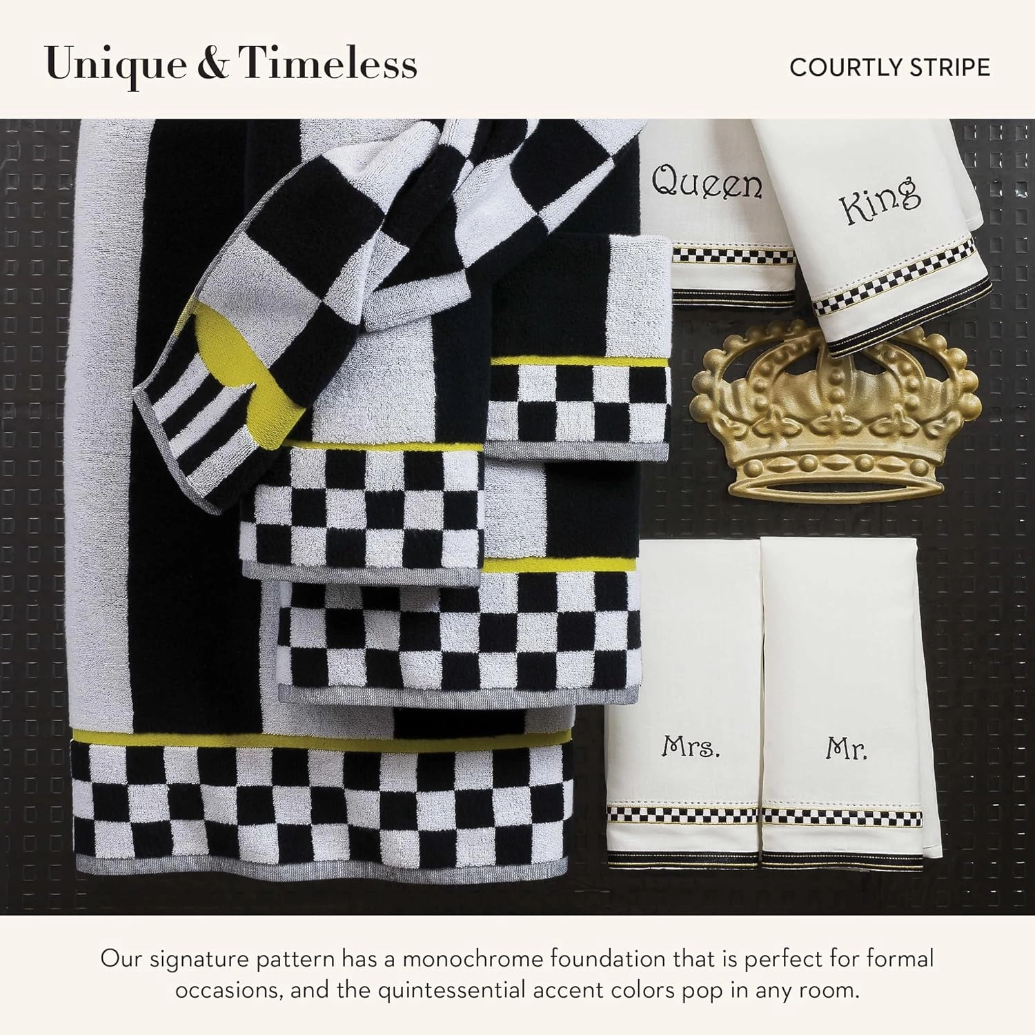 MACKENZIE-CHILDS Bath Towel, Cute Decorative Bathroom Towel, Black-and-White Courtly Stripe