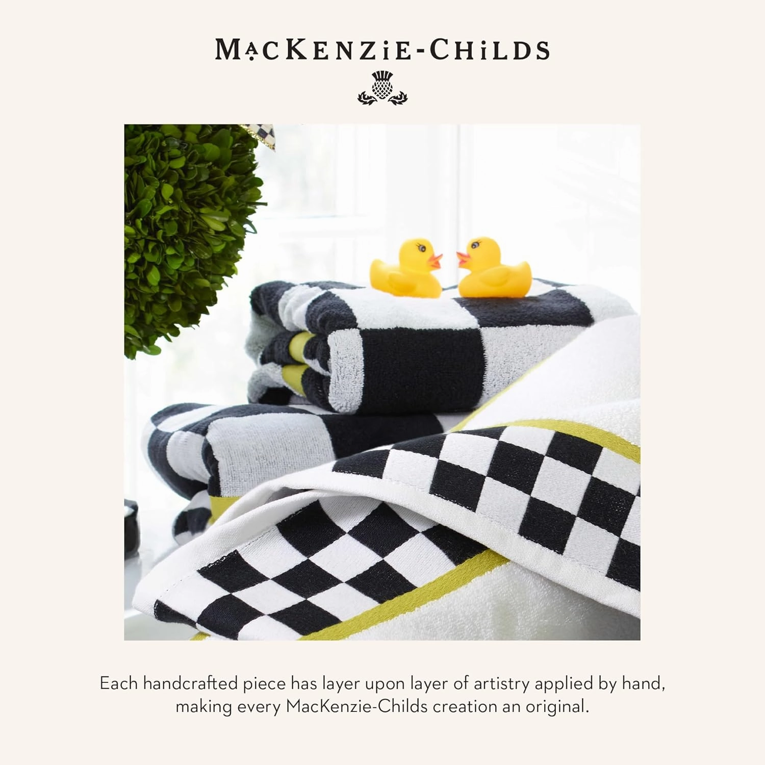 MACKENZIE-CHILDS Bath Towel, Cute Decorative Bathroom Towel, Black-and-White Courtly Stripe