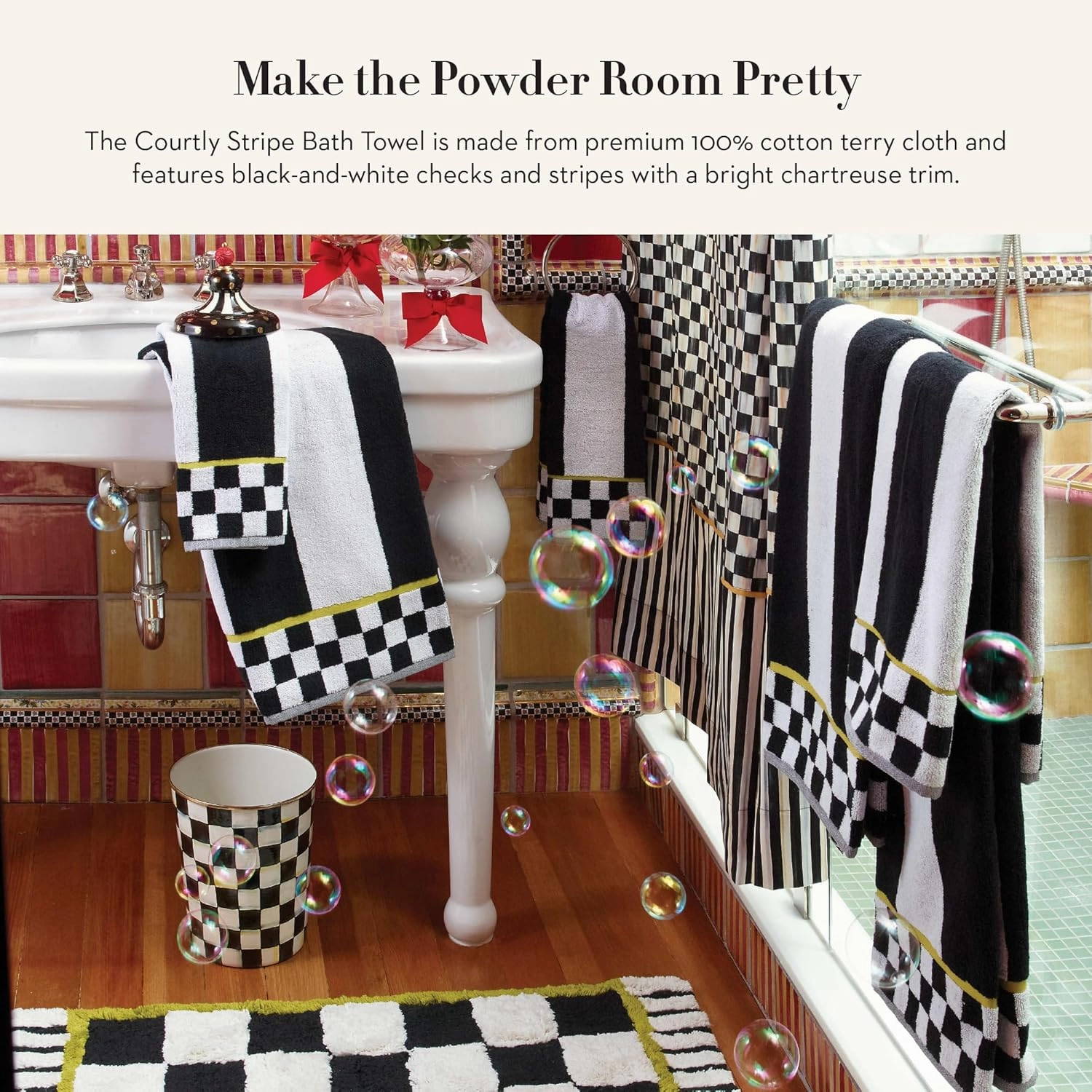 MACKENZIE-CHILDS Bath Towel, Cute Decorative Bathroom Towel, Black-and-White Courtly Stripe