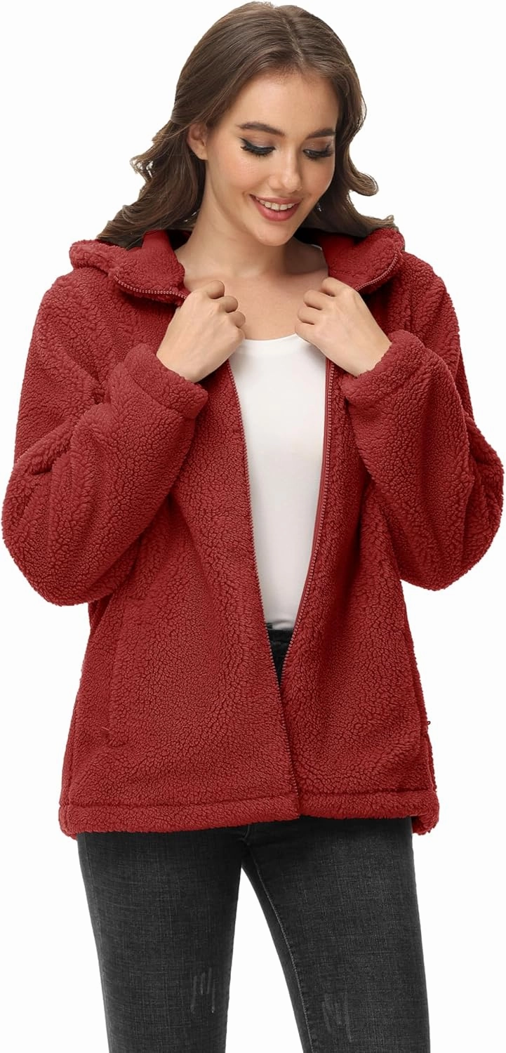 MAGCOMSEN Women's Sherpa Jacket Zip Up Hoodie Fuzzy Teddy Coat with Zipper Pockets Lightweight Fleece Lined Warm Winter Coat