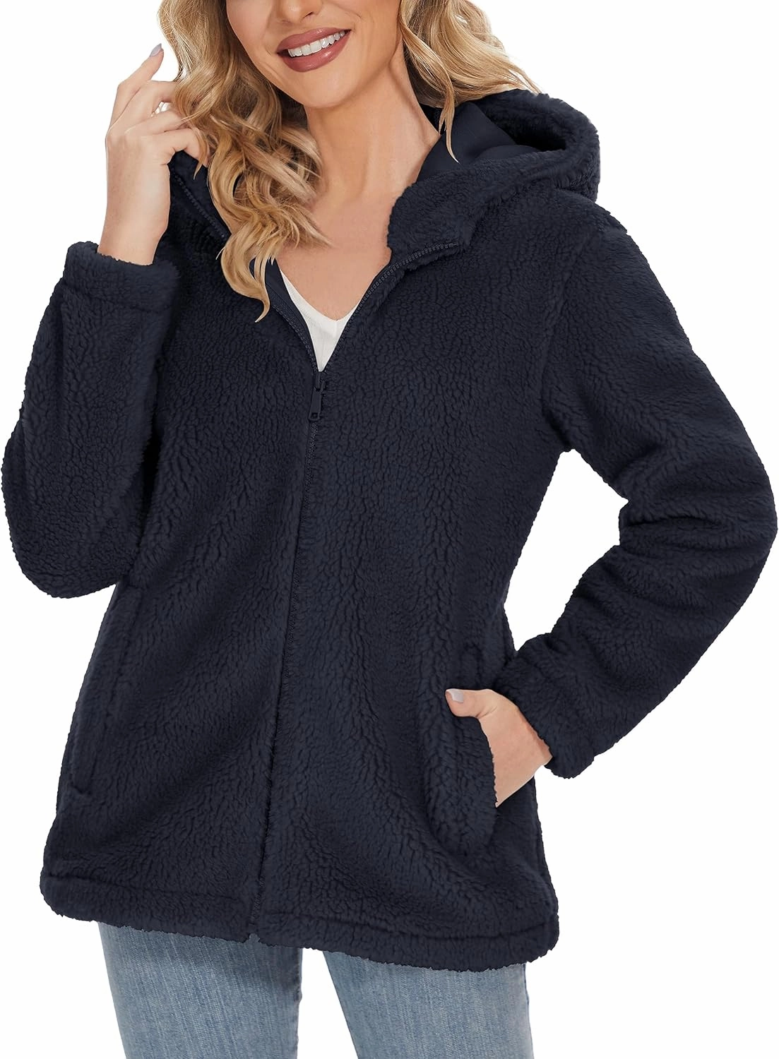 MAGCOMSEN Women's Sherpa Jacket Zip Up Hoodie Fuzzy Teddy Coat with Zipper Pockets Lightweight Fleece Lined Warm Winter Coat