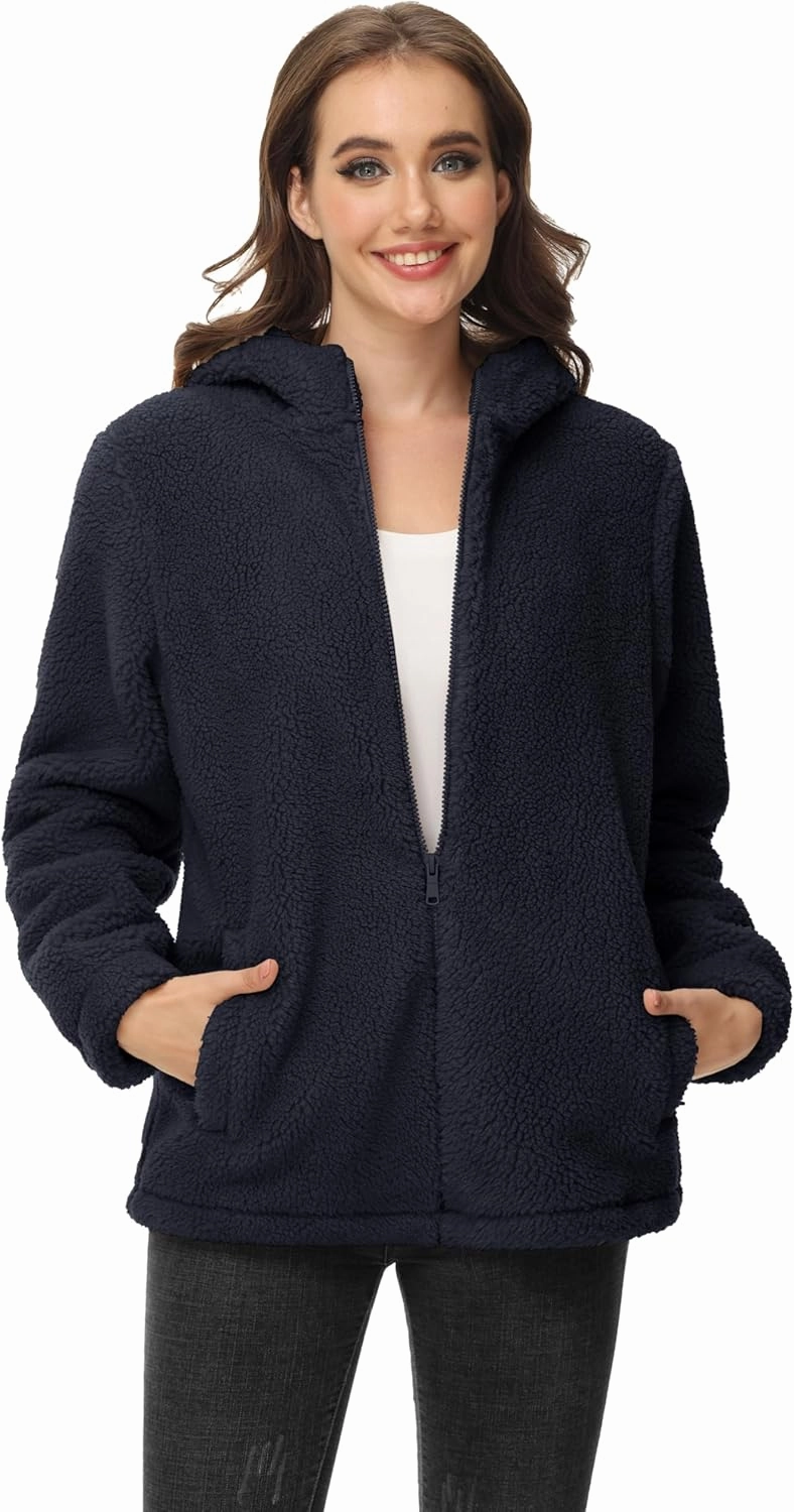 MAGCOMSEN Women's Sherpa Jacket Zip Up Hoodie Fuzzy Teddy Coat with Zipper Pockets Lightweight Fleece Lined Warm Winter Coat