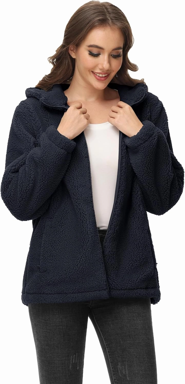 MAGCOMSEN Women's Sherpa Jacket Zip Up Hoodie Fuzzy Teddy Coat with Zipper Pockets Lightweight Fleece Lined Warm Winter Coat
