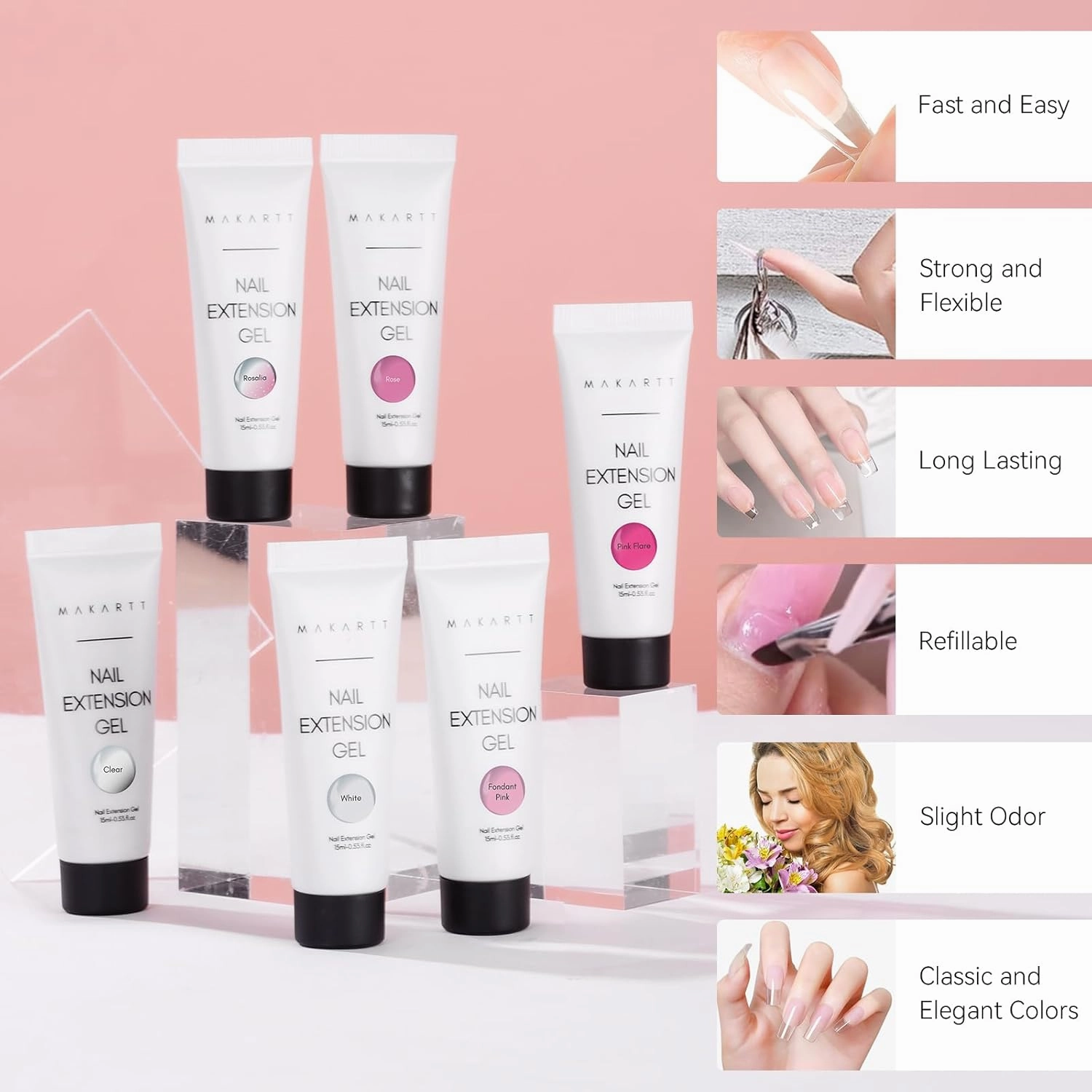 Makartt Poly Nail Gel Set - 6 Colors Kit Strong Builder for Extension Overlay Strengthener 3D Diy, Multifunctional, Long-lasting for Nails French Manicures Home Salon 15ML Clear White 4 Pink Shades