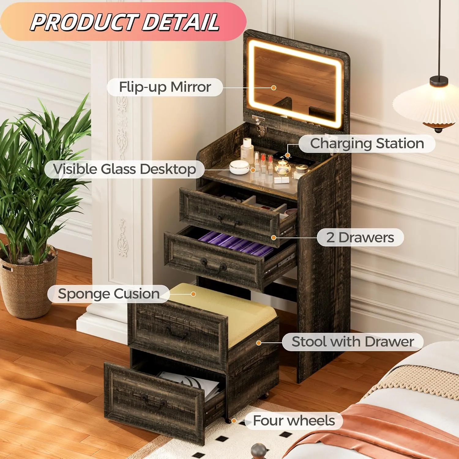 Makeup Vanity, 3-in-1 Vanity with Flip-Top Mirror, Visible Glass Desktop & 3-Color Lighting, 20'' Intelligent Makeup Desk with USB Charging Station & Hidden Storage Stool for Bedroom, Brown