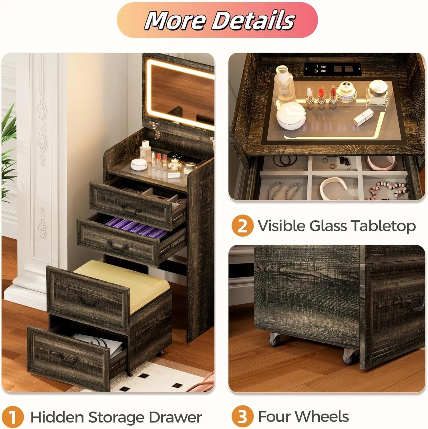 Makeup Vanity, 3-in-1 Vanity with Flip-Top Mirror, Visible Glass Desktop & 3-Color Lighting, 20'' Intelligent Makeup Desk with USB Charging Station & Hidden Storage Stool for Bedroom, Brown