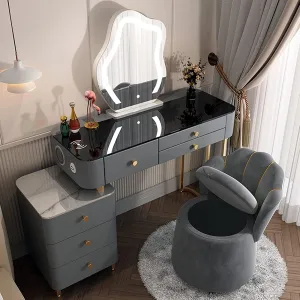 Makeup Vanity Desk Set with Wireless Charging Station Bluetooth Speaker Makeup Mirror 6 Drawers and Chair Grey Bedroom Vanity Table