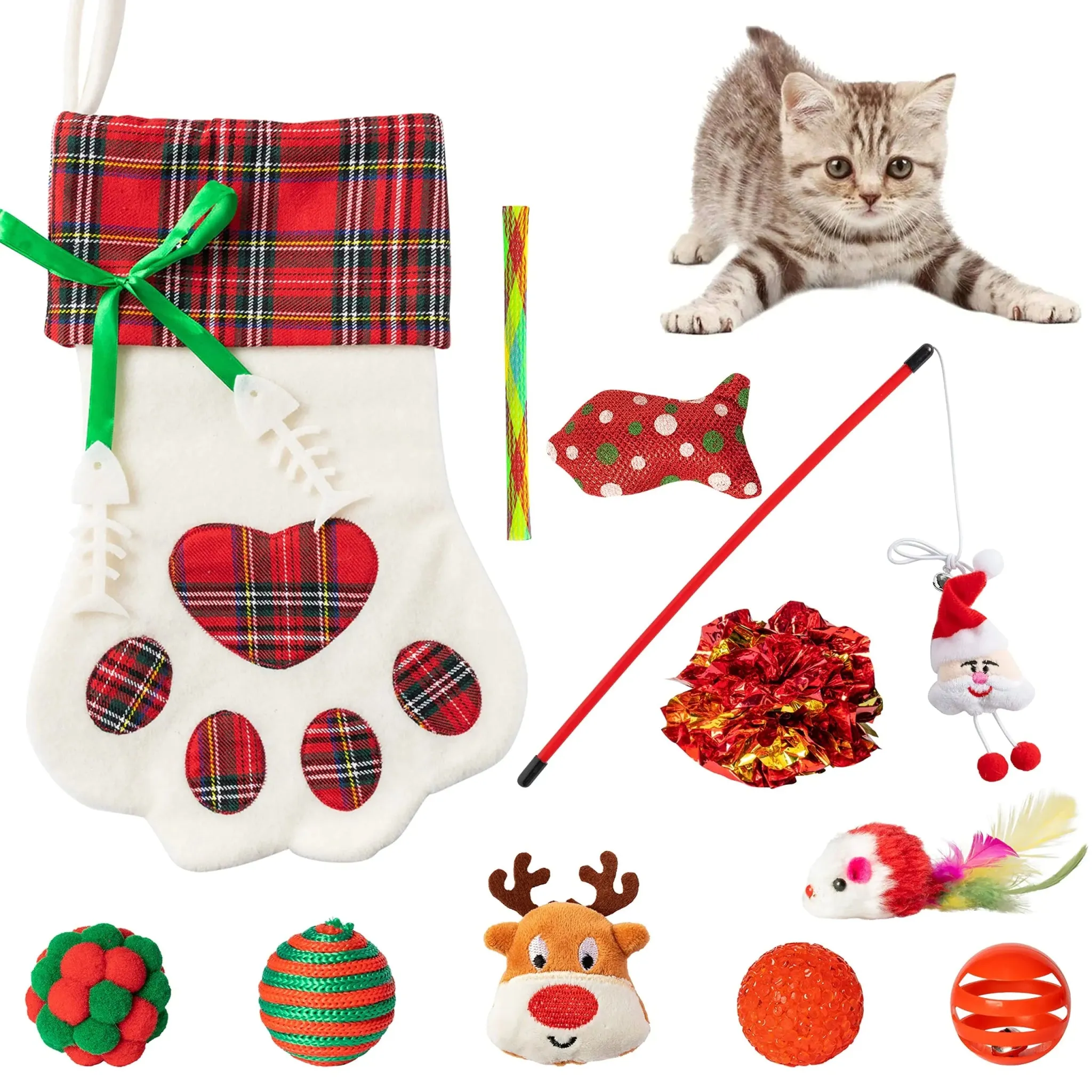 MALLMALL6 11Pcs Christmas Cat Stocking Toys Interactive Cat Toys Pack Including Feather Teaser Wand Catnip Mouse Crinkle Bells Ball Spring Toys for Indoor Cats Christmas Hanging Stocking for Pet Cats