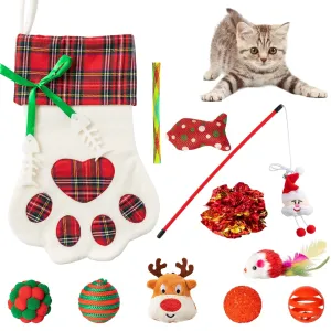 MALLMALL6 11Pcs Christmas Cat Stocking Toys Interactive Cat Toys Pack Including Feather Teaser Wand Catnip Mouse Crinkle Bells Ball Spring Toys for Indoor Cats Christmas Hanging Stocking for Pet Cats