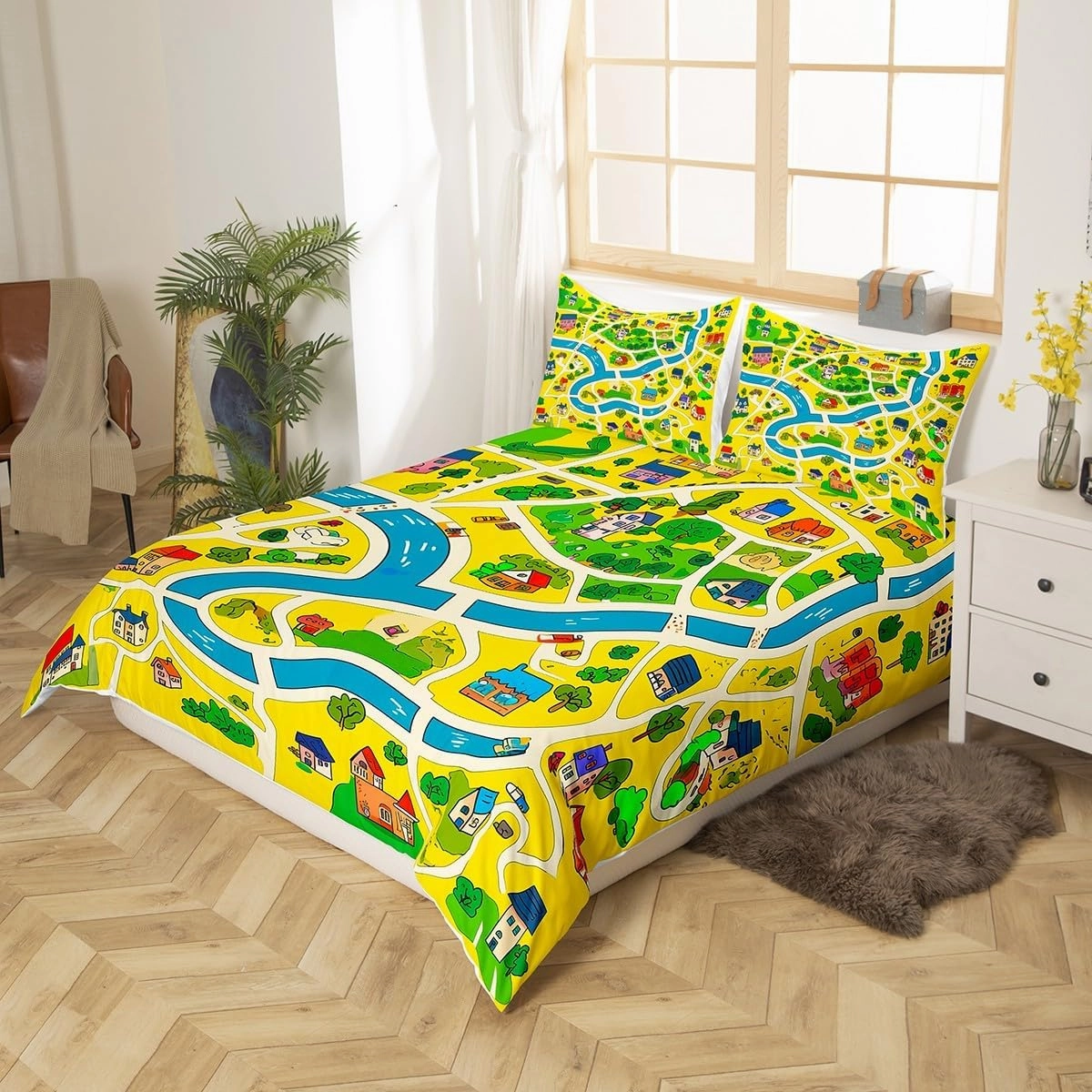 Manfei Rustic Countryside Kids Duvet Cover Set Twin Size,Suburb House Tree River Hand Graffiti Bedding Set,Kidss Boys OOM Decor,Nature Roadway Landscape Quilt Cover,Yellow,No Comforter