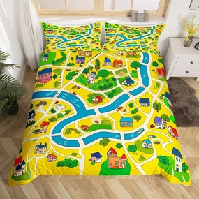 Manfei Rustic Countryside Kids Duvet Cover Set Twin Size,Suburb House Tree River Hand Graffiti Bedding Set,Kidss Boys OOM Decor,Nature Roadway Landscape Quilt Cover,Yellow,No Comforter
