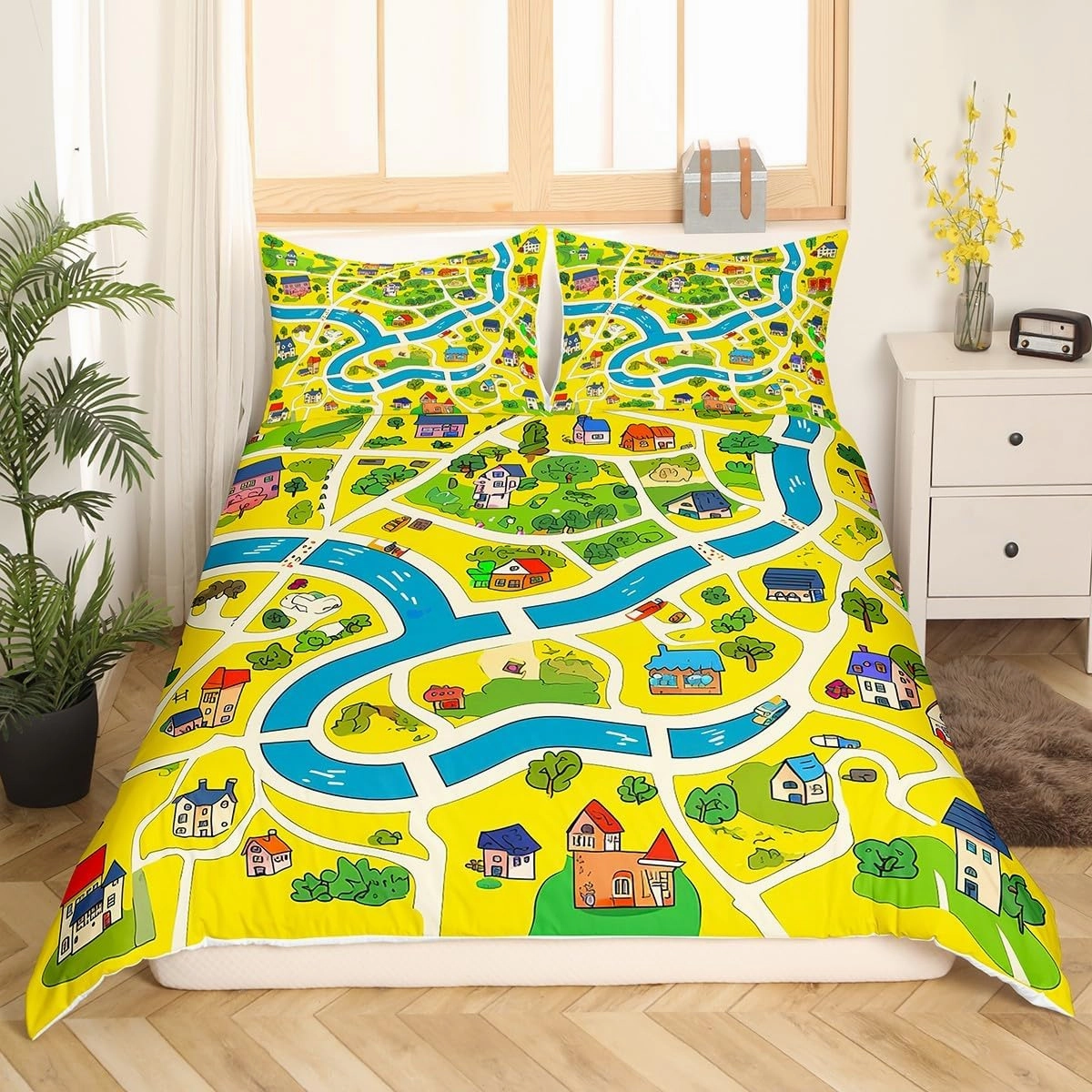 Manfei Rustic Countryside Kids Duvet Cover Set Twin Size,Suburb House Tree River Hand Graffiti Bedding Set,Kidss Boys OOM Decor,Nature Roadway Landscape Quilt Cover,Yellow,No Comforter