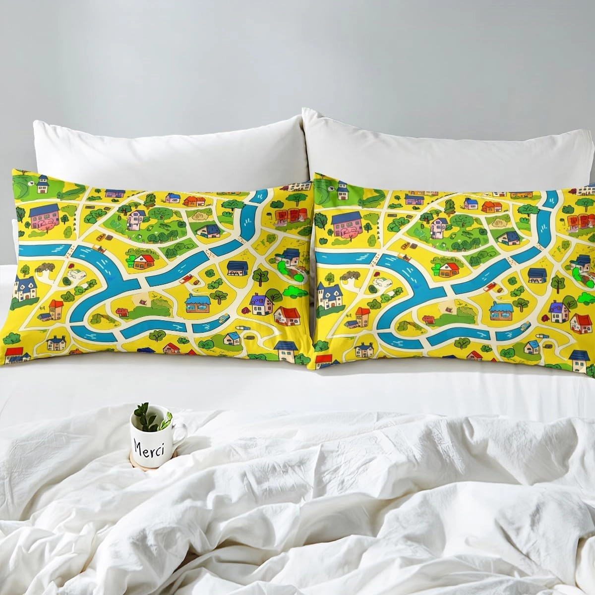 Manfei Rustic Countryside Kids Duvet Cover Set Twin Size,Suburb House Tree River Hand Graffiti Bedding Set,Kidss Boys OOM Decor,Nature Roadway Landscape Quilt Cover,Yellow,No Comforter