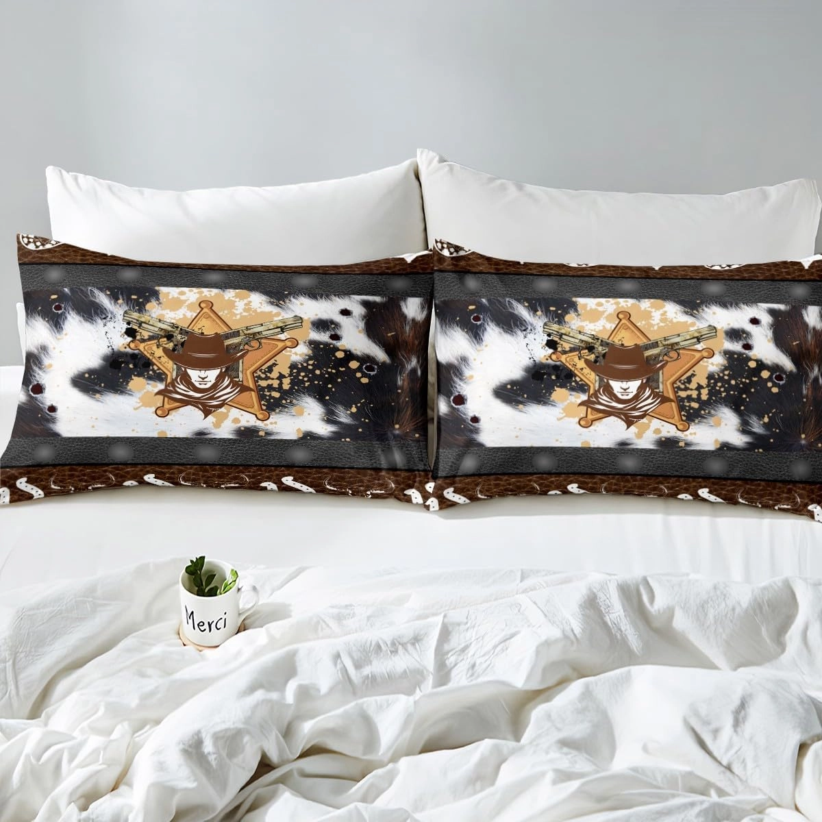 Manfei Western Duvet Cover Set Full Size, Abstract Black White Brown Cowhide Print Bedding Set 3pcs, Cowboy Hats Horseshoes Bull Skull Quilt Cover, Kids Boy Room Decor, 2 Pillowcases, No Comforter