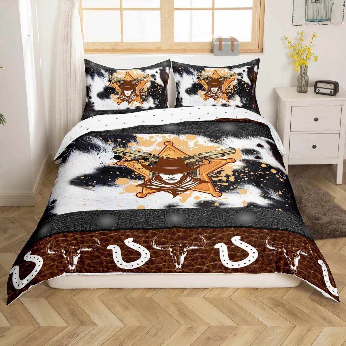 Manfei Western Duvet Cover Set Full Size, Abstract Black White Brown Cowhide Print Bedding Set 3pcs, Cowboy Hats Horseshoes Bull Skull Quilt Cover, Kids Boy Room Decor, 2 Pillowcases, No Comforter