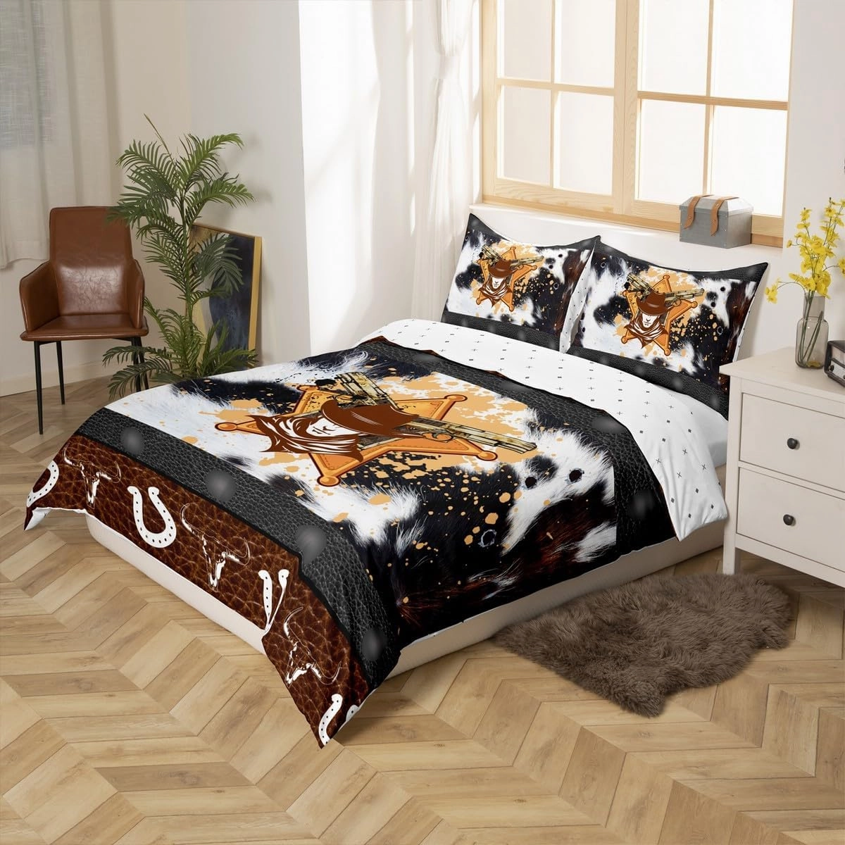 Manfei Western Duvet Cover Set Full Size, Abstract Black White Brown Cowhide Print Bedding Set 3pcs, Cowboy Hats Horseshoes Bull Skull Quilt Cover, Kids Boy Room Decor, 2 Pillowcases, No Comforter