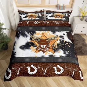 Manfei Western Duvet Cover Set Full Size, Abstract Black White Brown Cowhide Print Bedding Set 3pcs, Cowboy Hats Horseshoes Bull Skull Quilt Cover, Kids Boy Room Decor, 2 Pillowcases, No Comforter