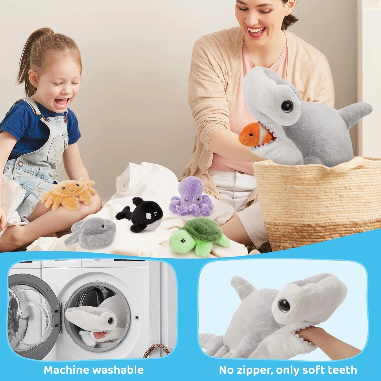 MaoGoLan 24 inch Large Hammerhead Shark Plush with 6 Marine Animals Inside No-Zipper Mouth, 7 Pack Shark Stuffed Animals Bulk for Kids Teen Girls Christmas Valentine's Day